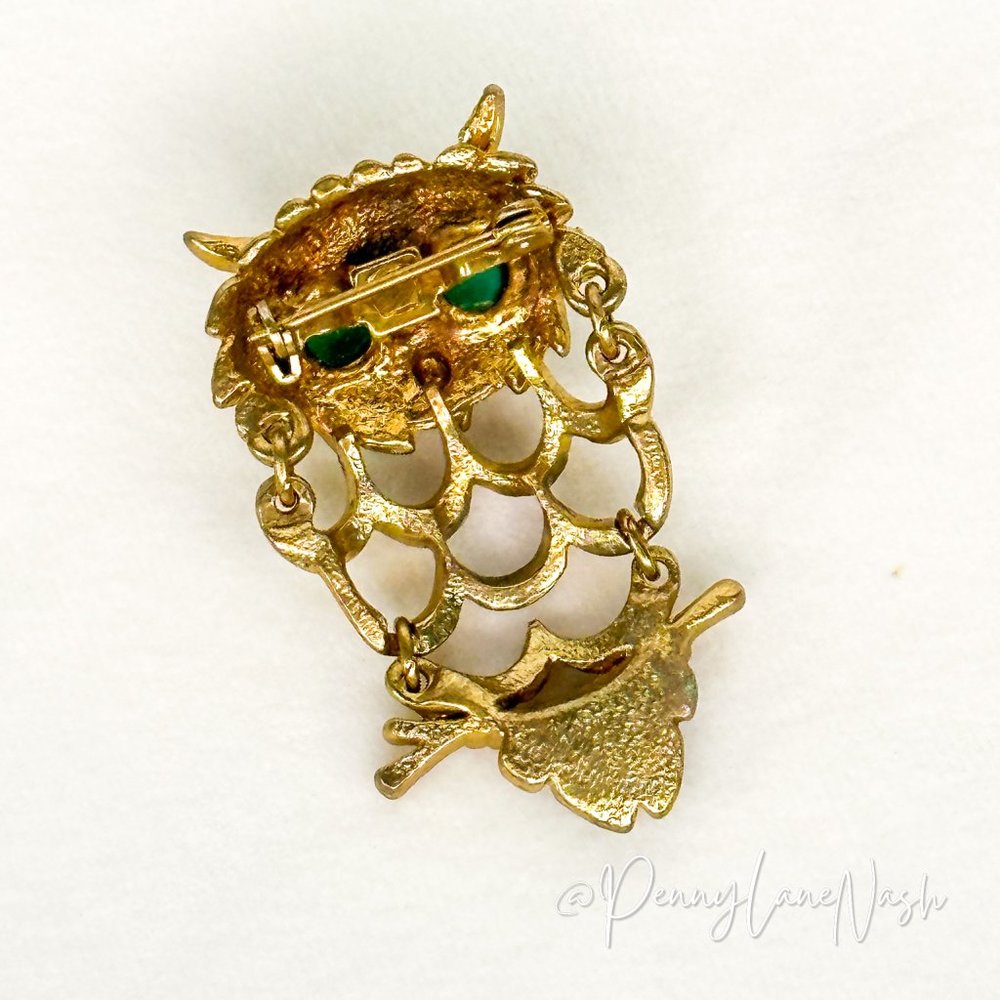 Vintage Gold Owl w/ Large Green Stone Eyes Pin Brooch - Picture 2 of 5